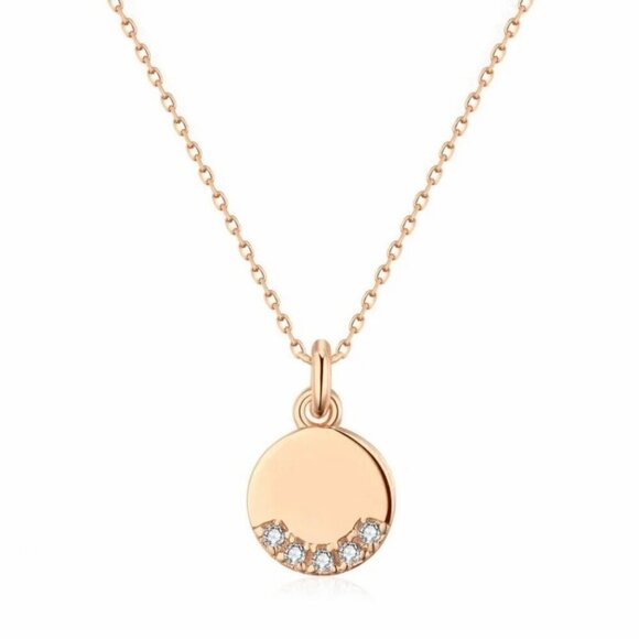 NWT Round Pendant Necklace 14K Rose Gold Plated CZ Pave Thin Chain Minimalist - Picture 10 of 12